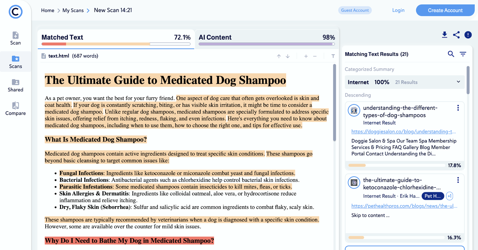 复印机 plagiarism checker color codes text based on the severity of matching text and what percentage is AI content.
