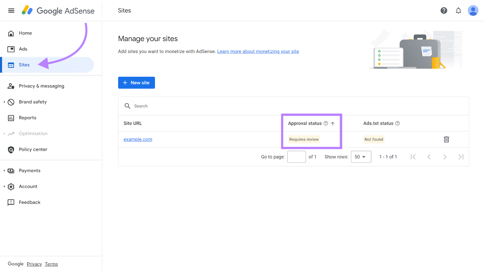 Arrow pointing to 网站 in sidebar navigation and box highlighting Approval status column