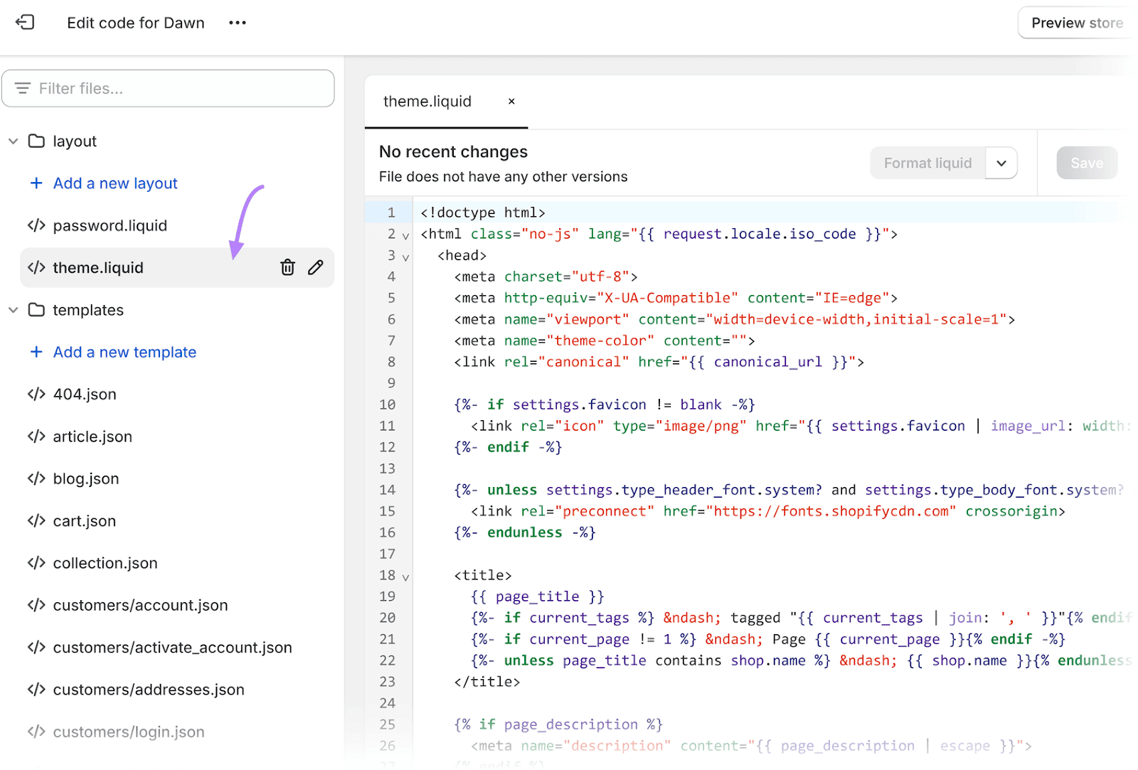 Shopify interface showing code editor with 