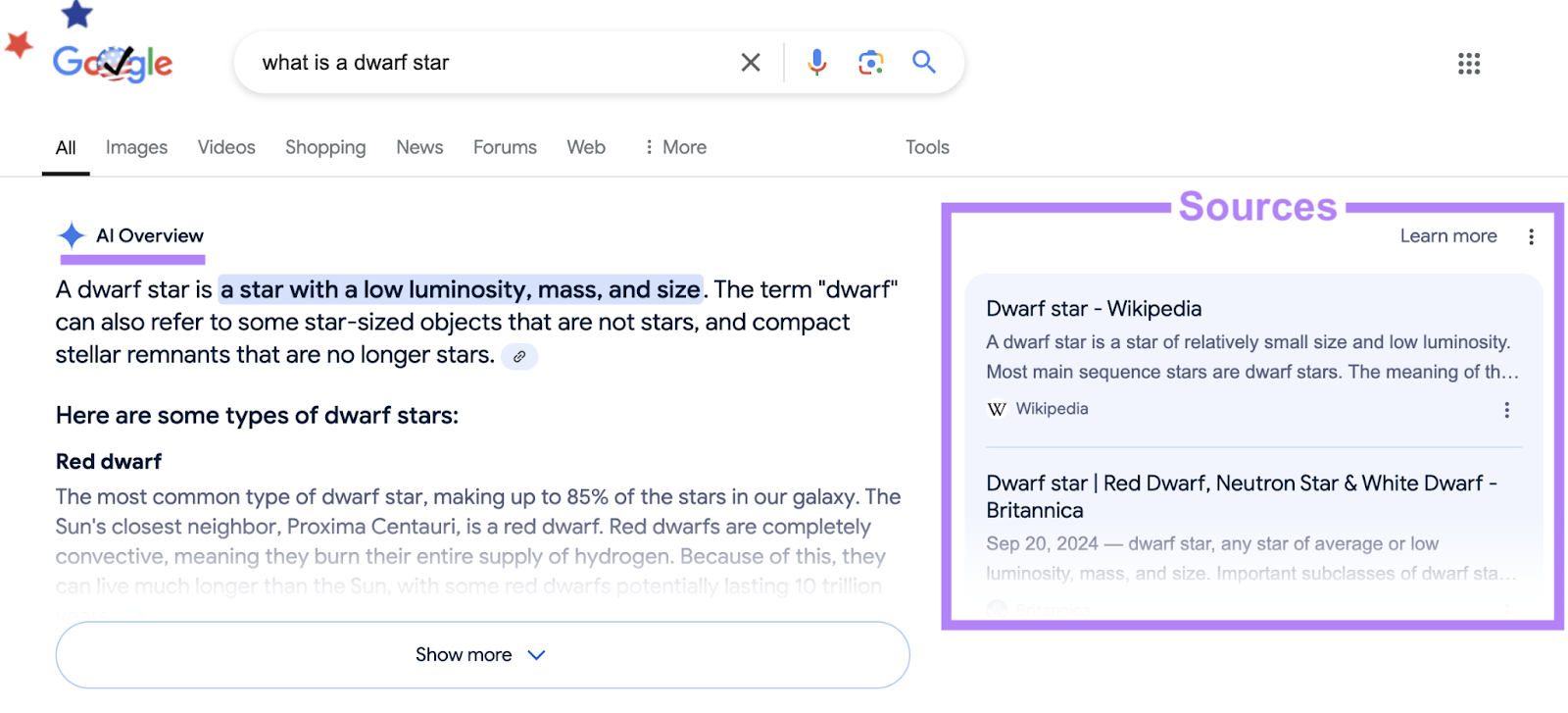 AI 概览 provides a longer explanation than a featured snippet and provides sources to the right