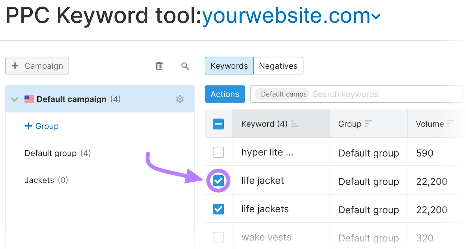 Checkbox selected next to 'life jacket' and 'life jackets' keywords in Semrush PPC的关键字工具