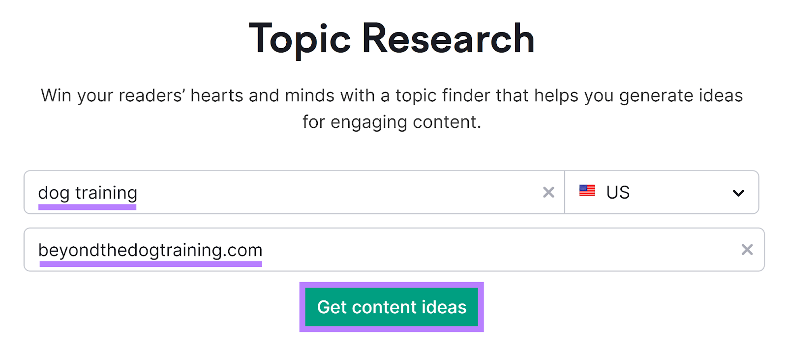 Semrush 课题研究 tool start page with keyword and domain entered and 获取内容创意 button highlighted