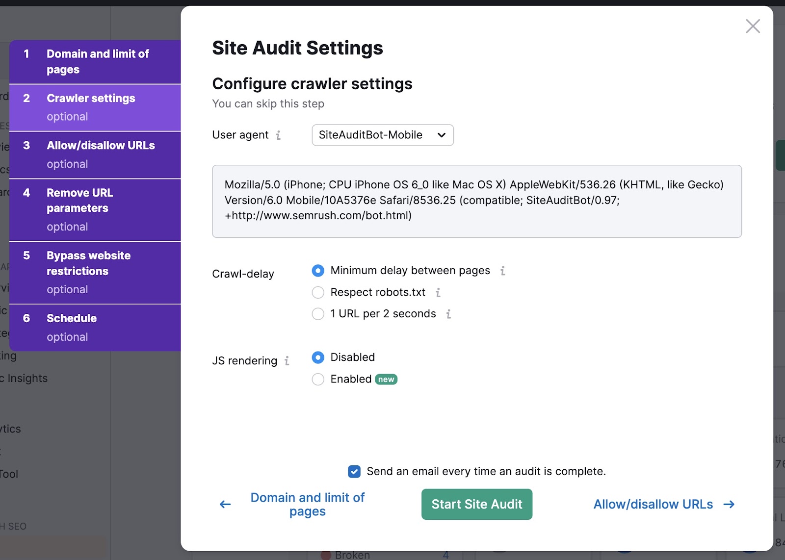 Crawler settings page on 现场审核 to set user agent, crawl delay, and JS rendering.