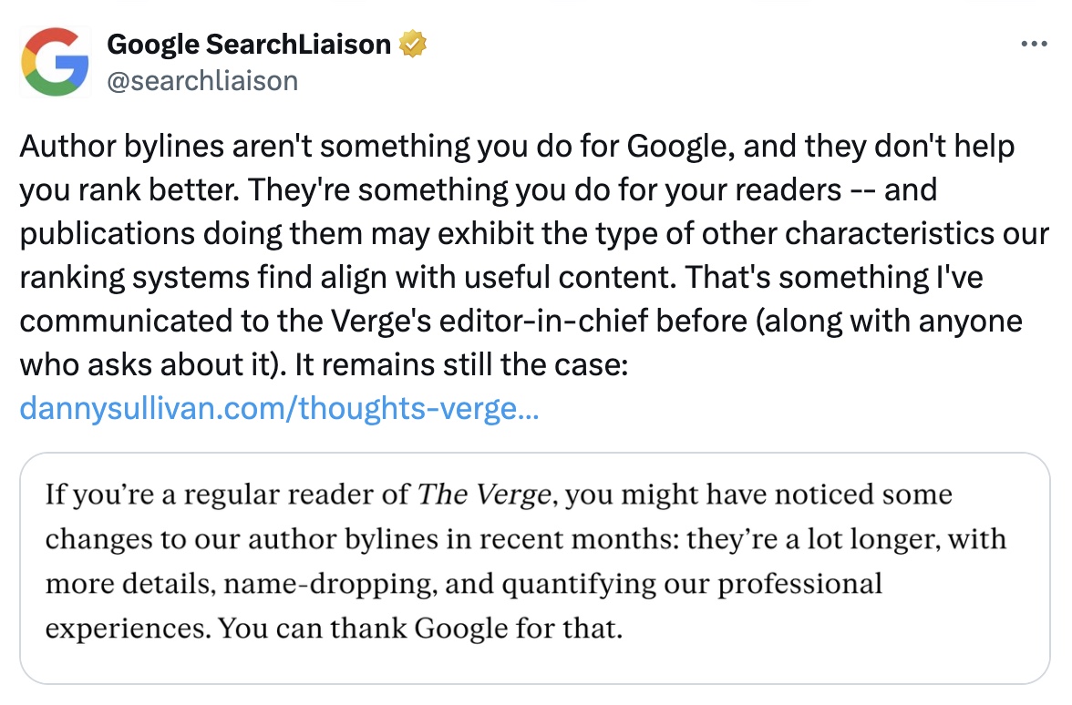 Tweet by Google 搜索Liaison talking about how author bylines don't directly affect 搜寻排名.
