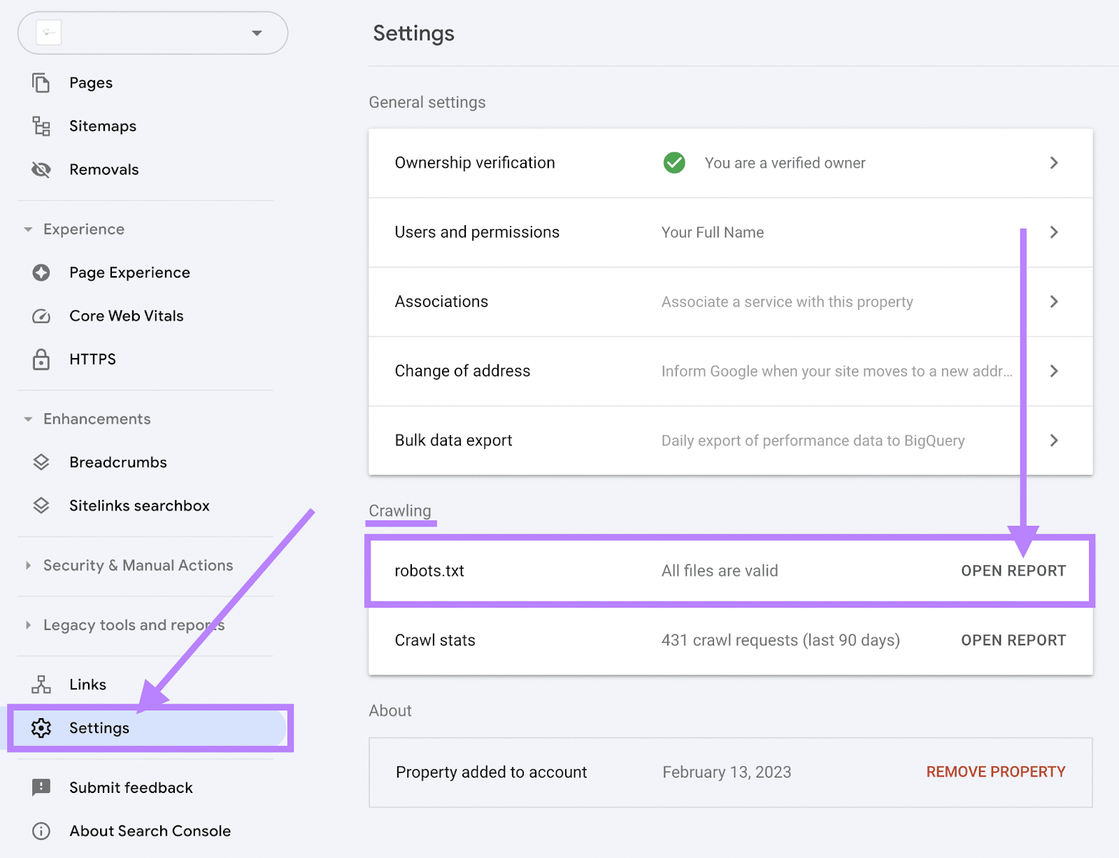 Google Search Console's settings with 