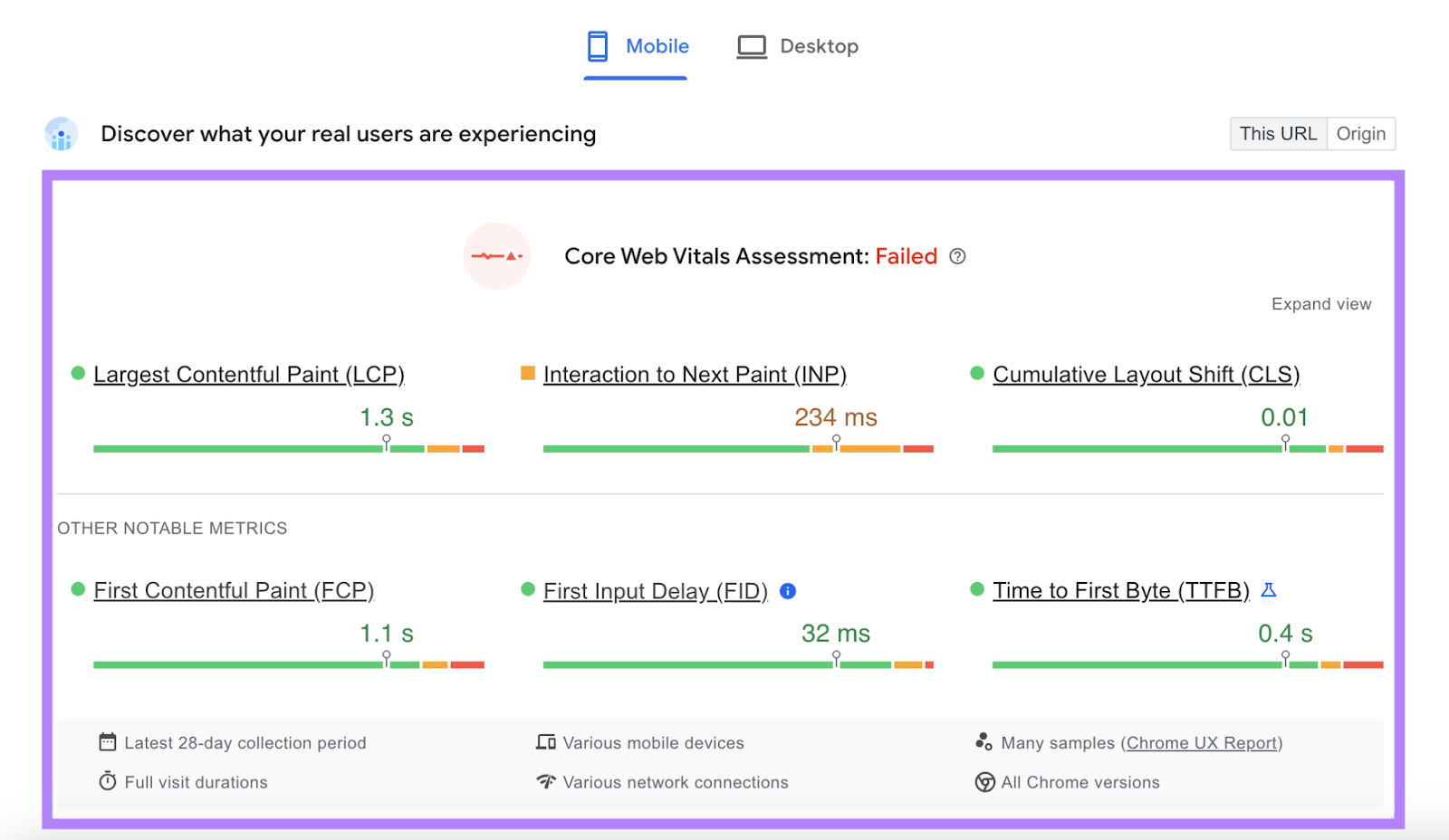 core web vitals report highlighted with all six metrics和their scores for that page