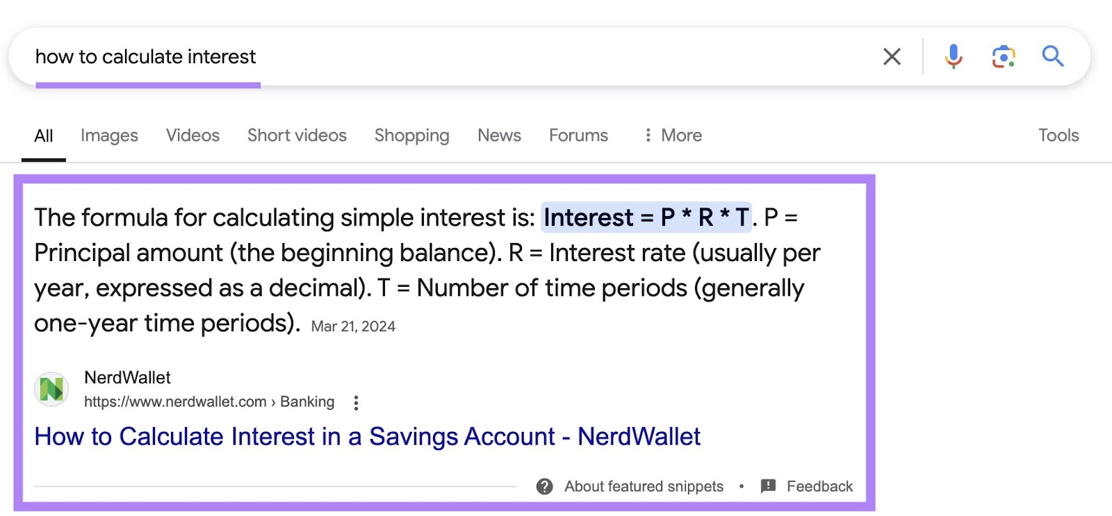 Google SERP with the 精选片段 highlighted for the term 