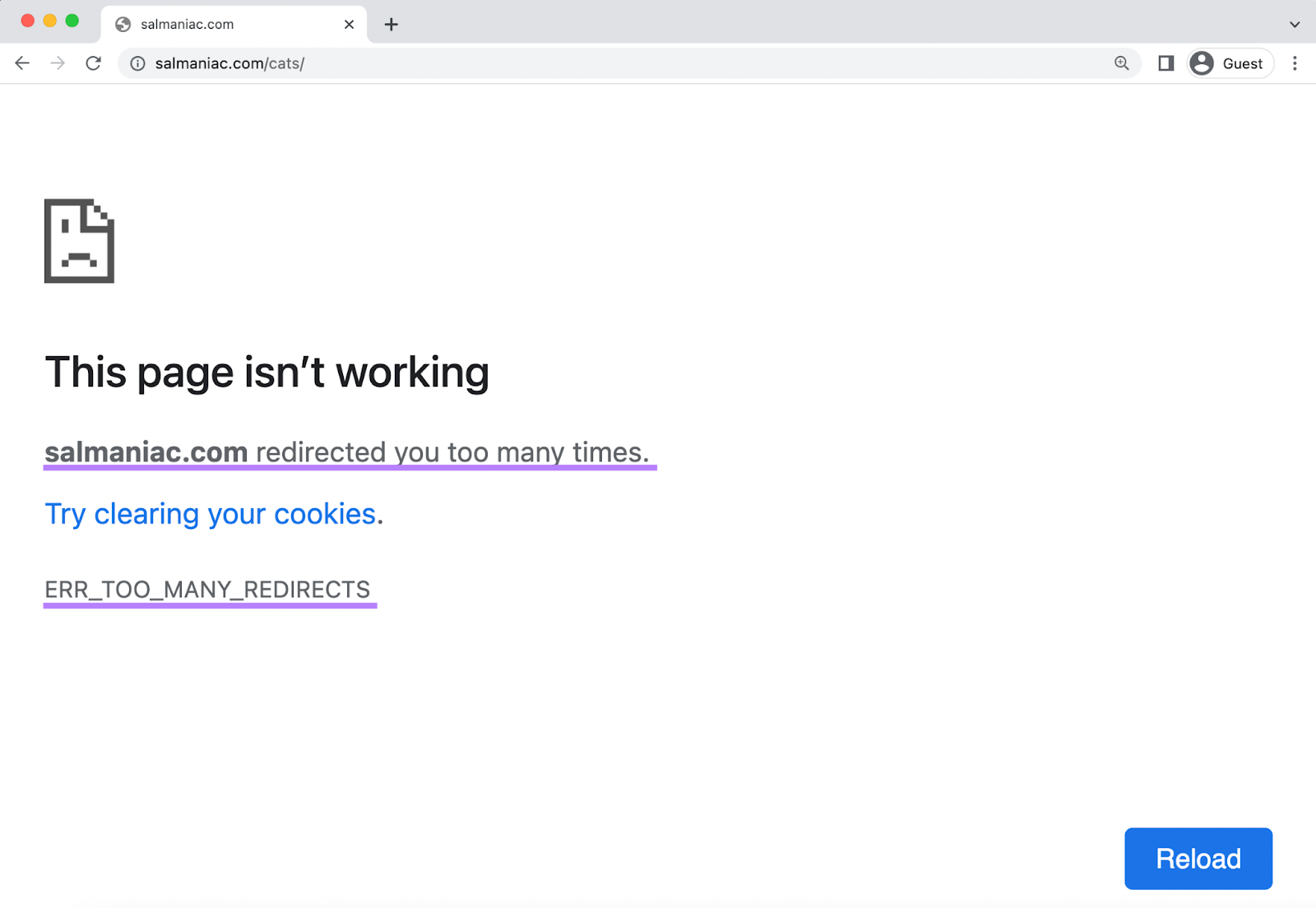 “too many 重定向”error message example