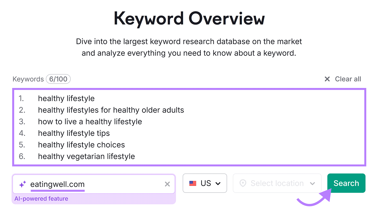 关键字概述 tool start with keywords and domain entered and arrow pointing to 搜索 button