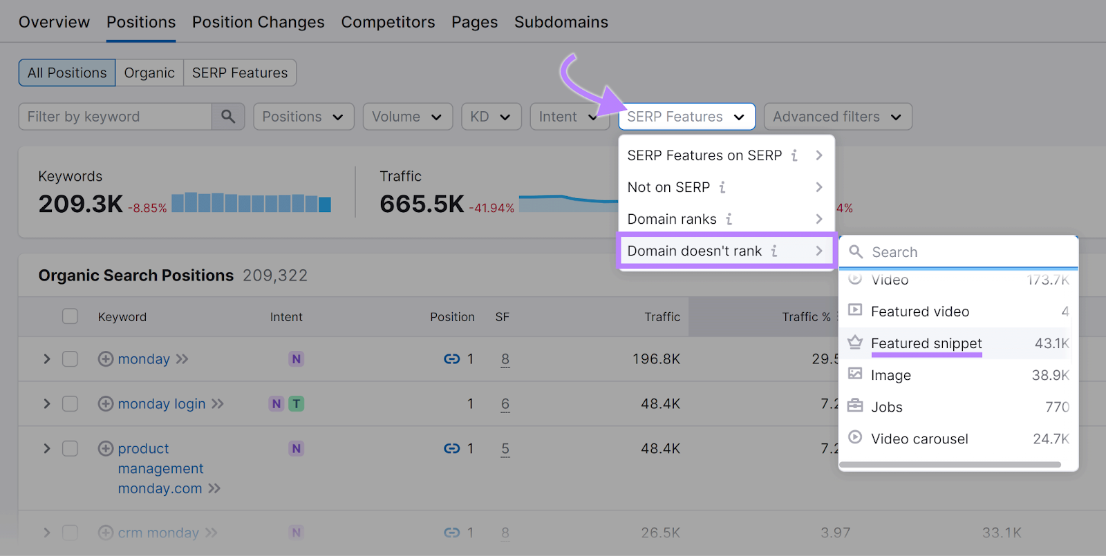 'SERP功能' dropdown clicked, 'Domain doesn't rank' clicked，而'Features snippet' option highlighted