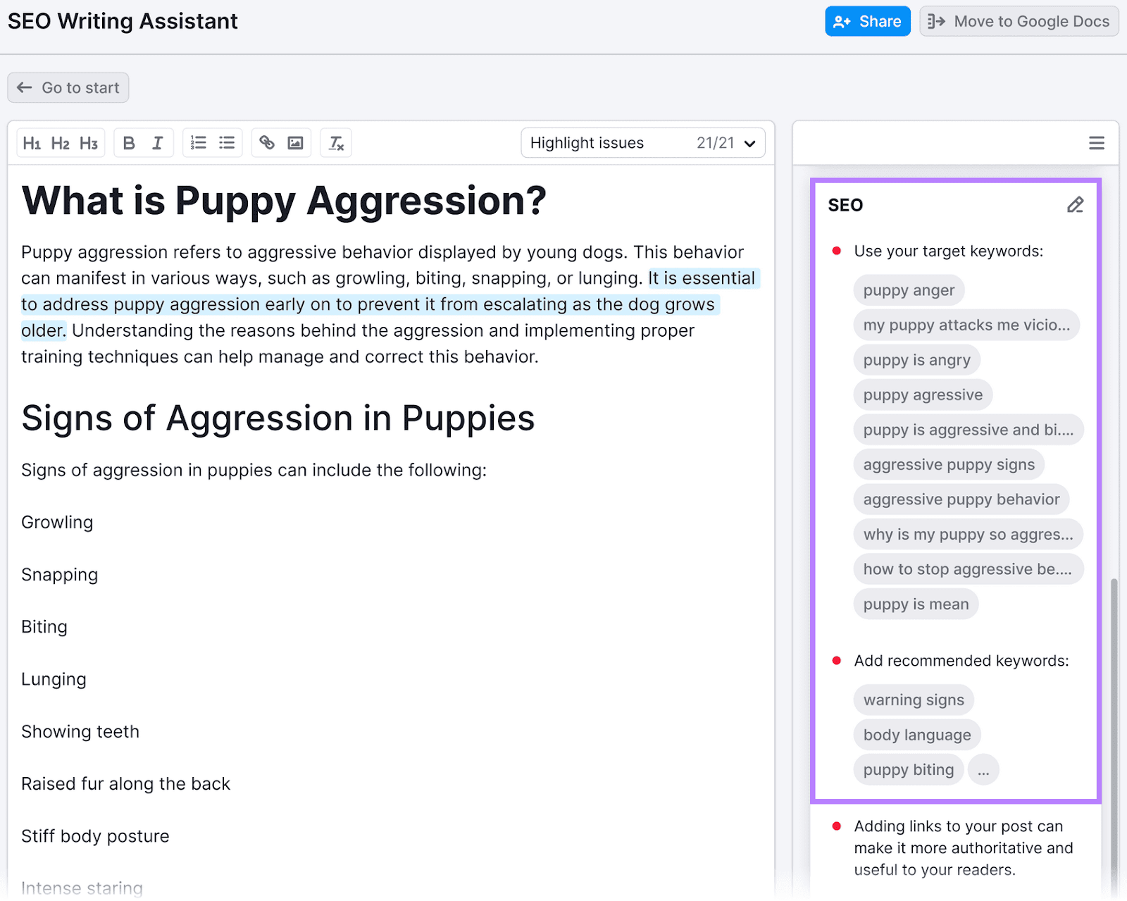 高级行政主任写作助理 showing an article draft on puppy aggression and related SEO keyword suggestions.