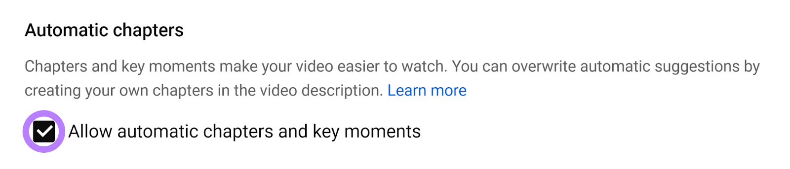 Allow automatic chapters和key moments option checked和highlighted