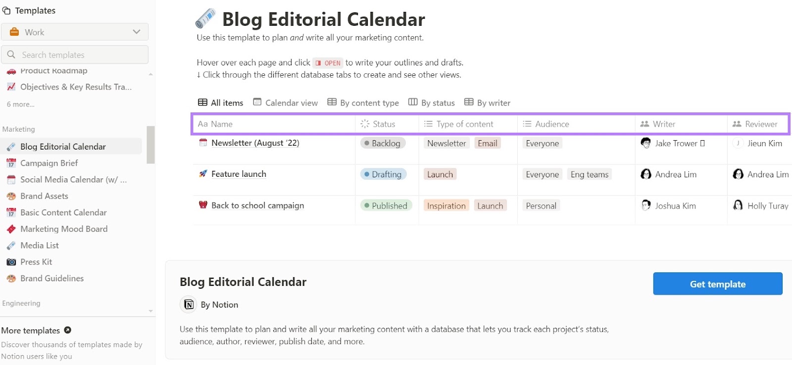 Blog Editorial Calendar on 概念 with the table headers including