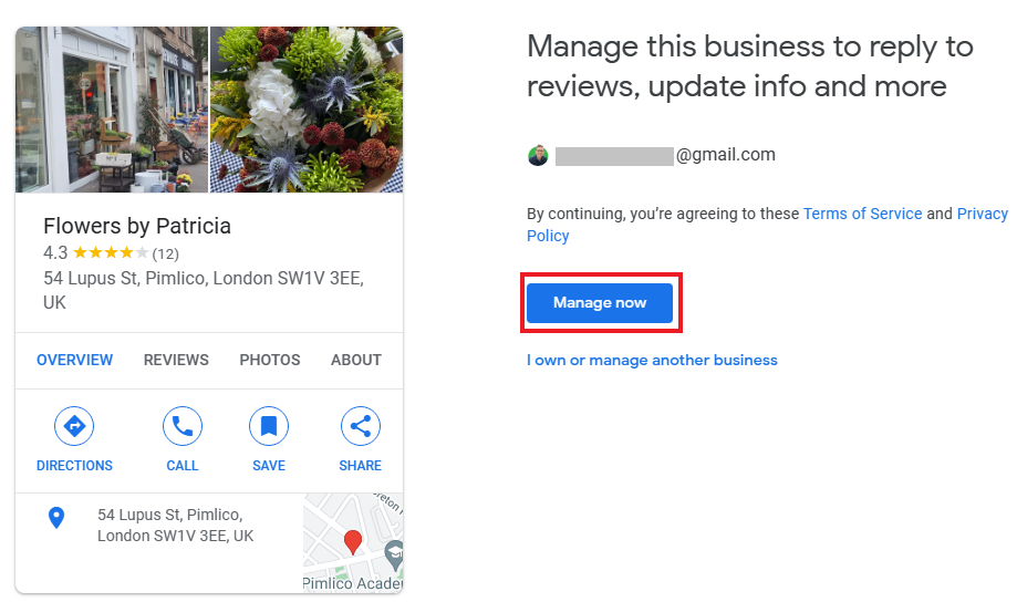 The screen that appears when you click on “Own this business?” to add your business to 谷歌地图.