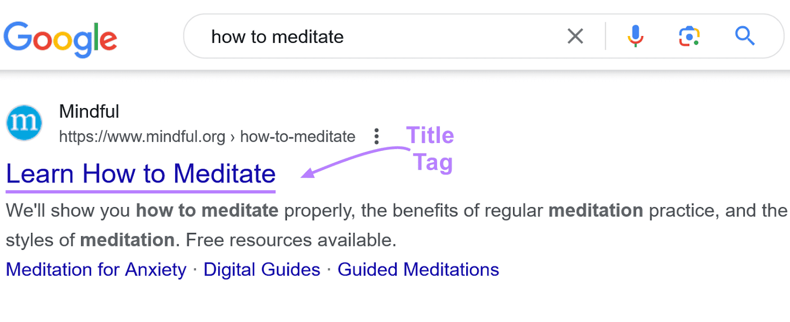Google search result with a purple arrow labeled