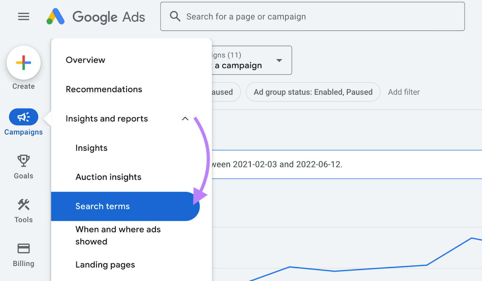 navigate to search terms report in 谷歌广告