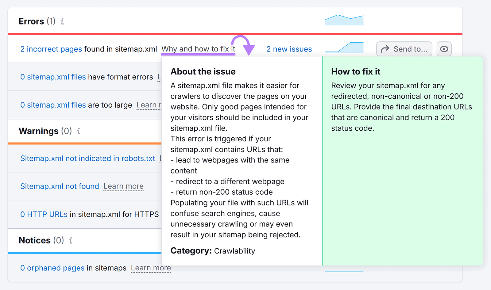 为什么以及如何解决它 hyperlink clicked to reveal popup with issue details for incorrect pages found in sitemap error