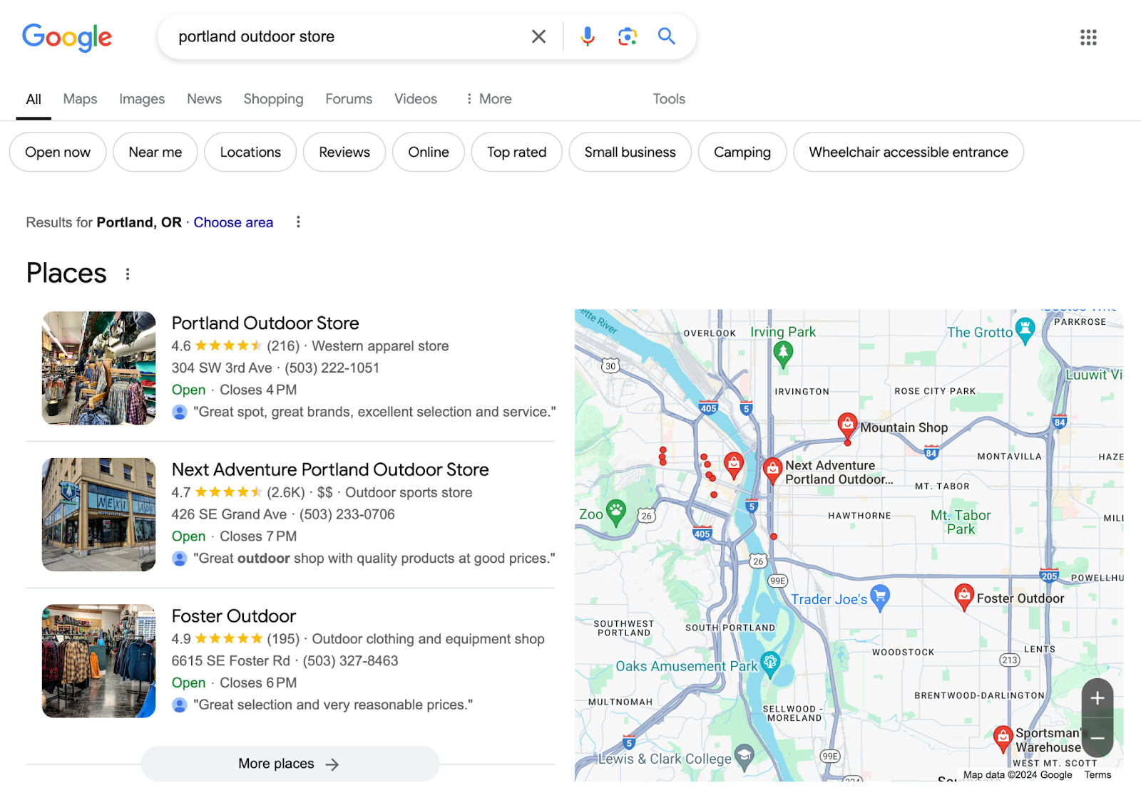 A local search shows relevant places和a map of the area on Google Maps