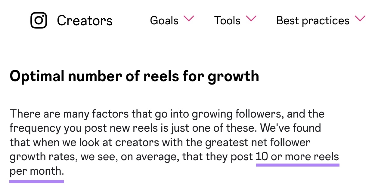 Instagram recommendations for creators encouraging users to post 10 or 更多 reels every month for optimal follower growth.