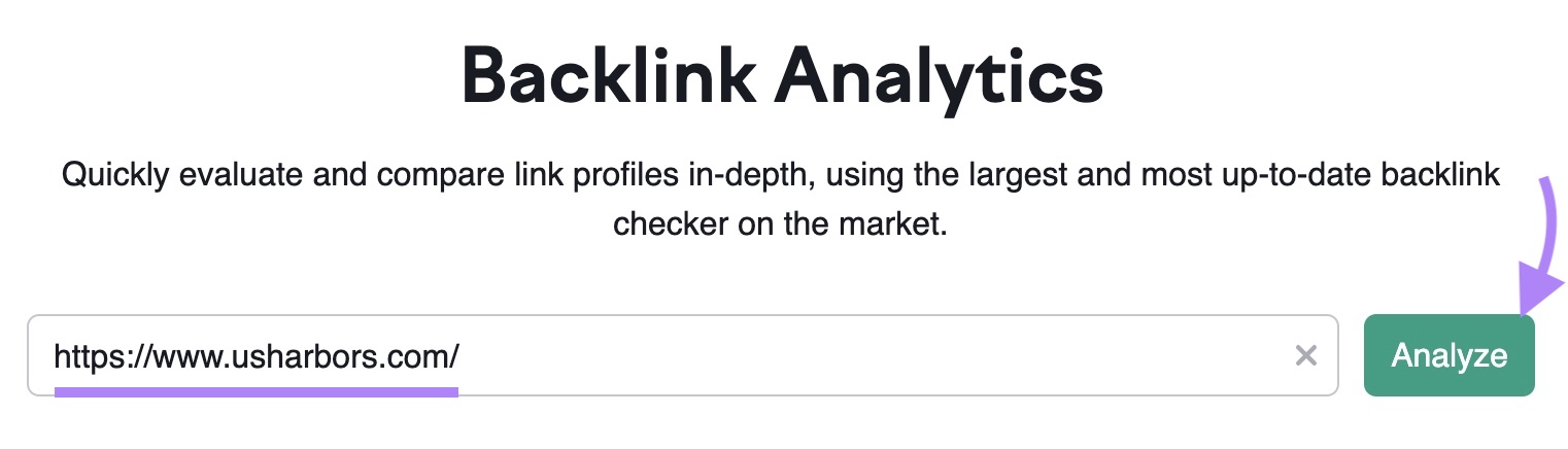 Backlink Analytics tool start screen with a domain entered and an arrow pointing toward 