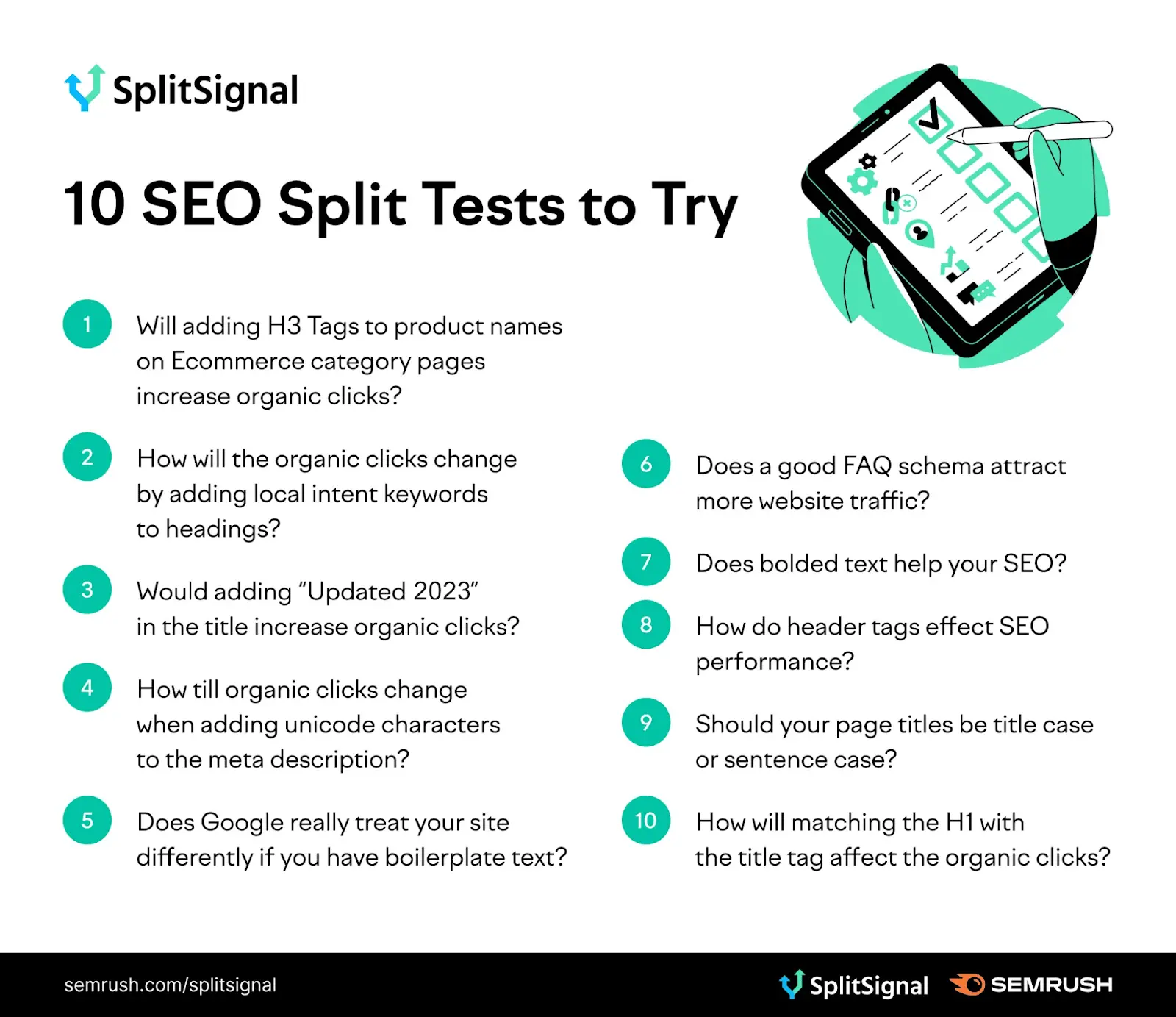An infographic listing 10 SEO split tests to try with [医]分裂