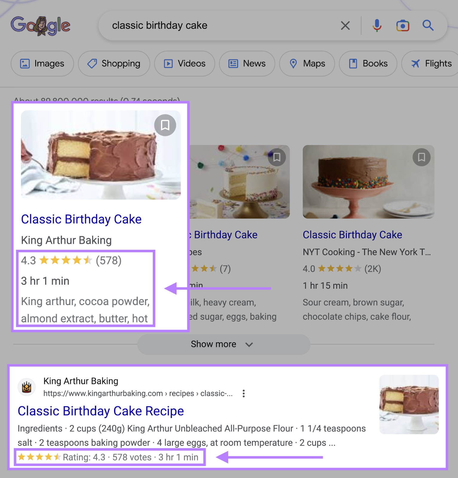 how King Arthur Baking utilizes schema markup to be featured in the recipes section和organic listings