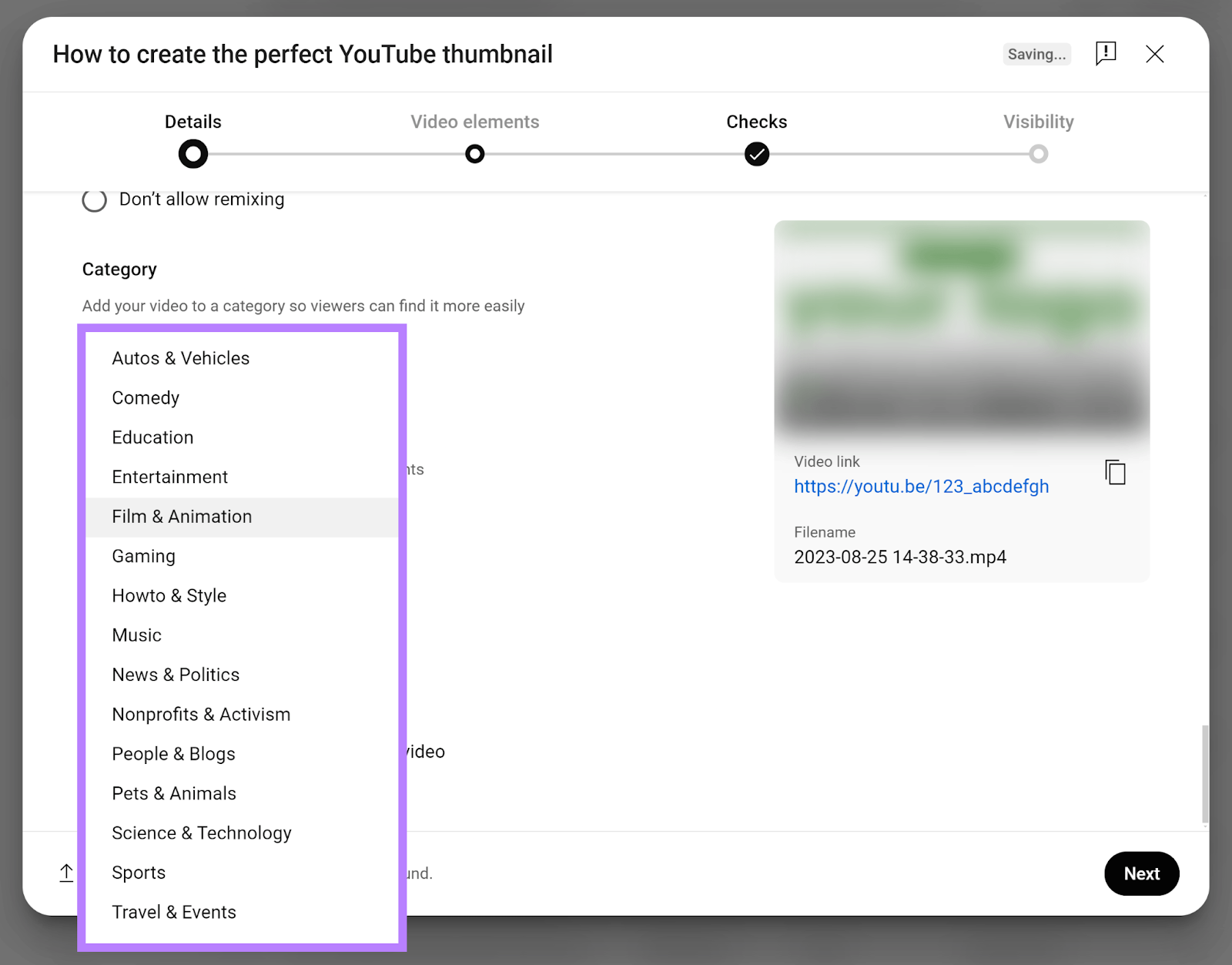 YouTube video upload popup with Category options dropdown expanded和highlighted