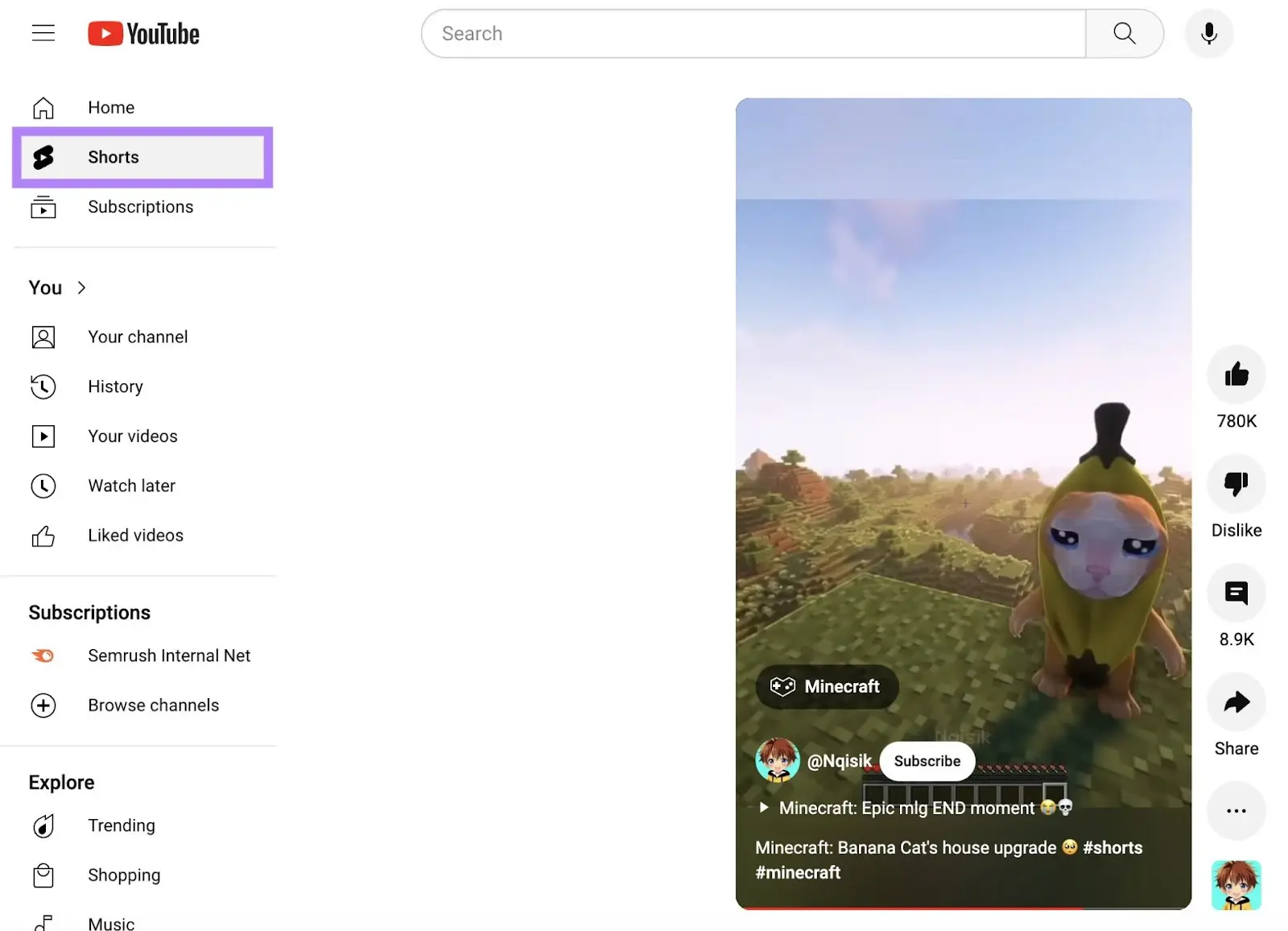 YouTube短片 page opened和Short menu item highlighted