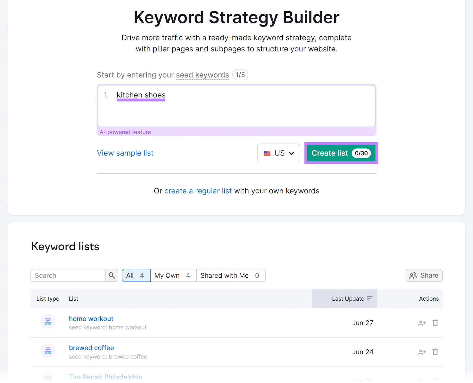 Semrush 关键字策略生成器 start page with keyword entered和创建列表 button highlighted