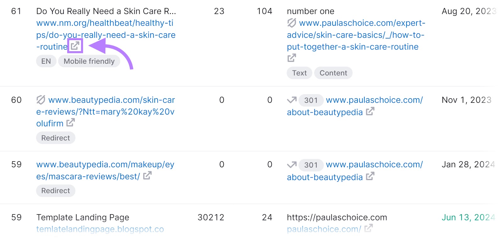 Several dofollow links shown as an example with the arrow symbol highlighted in 反向链接分析 tool