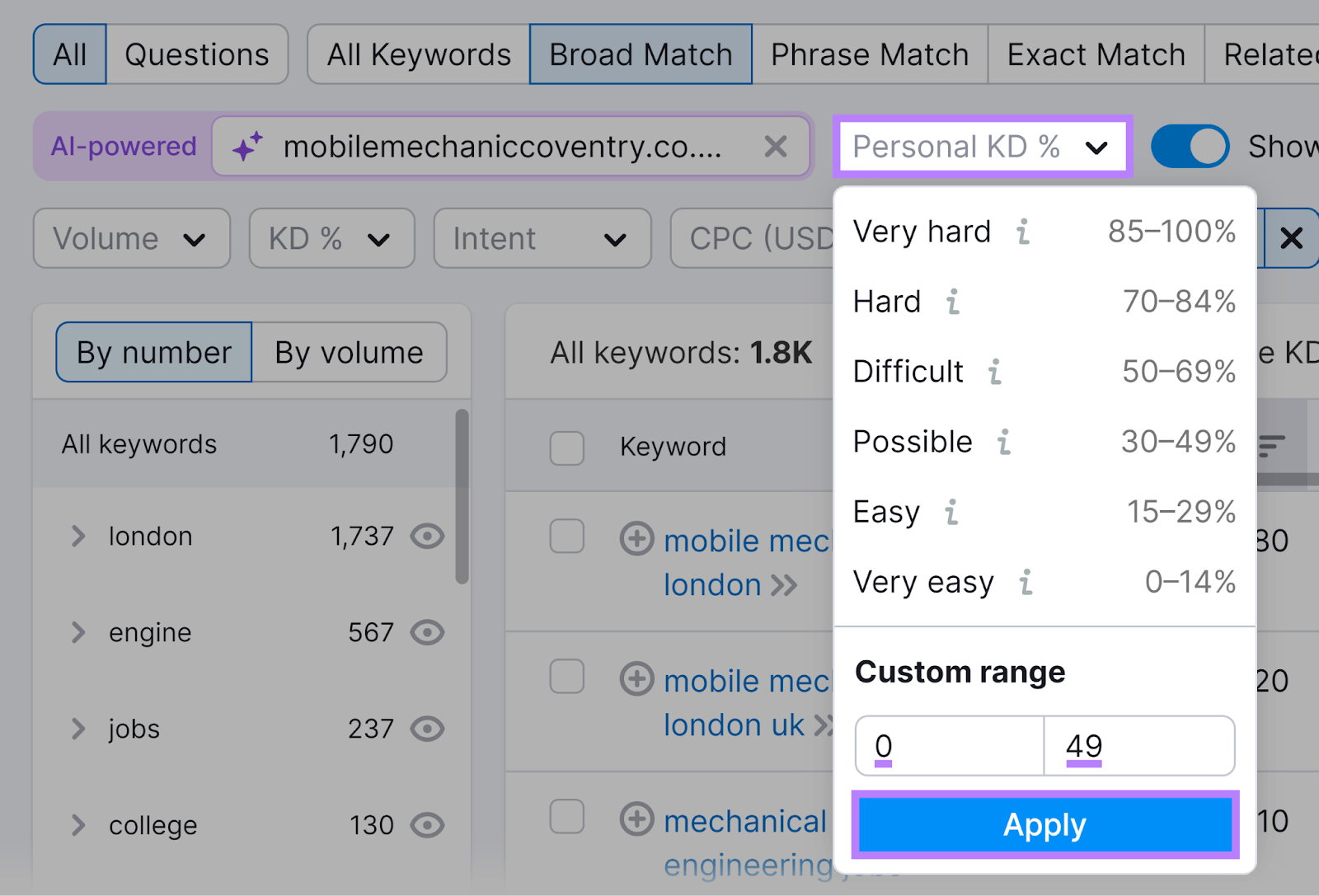 Personal KD filter selected, custom range entered, and 申请 button highlighted.