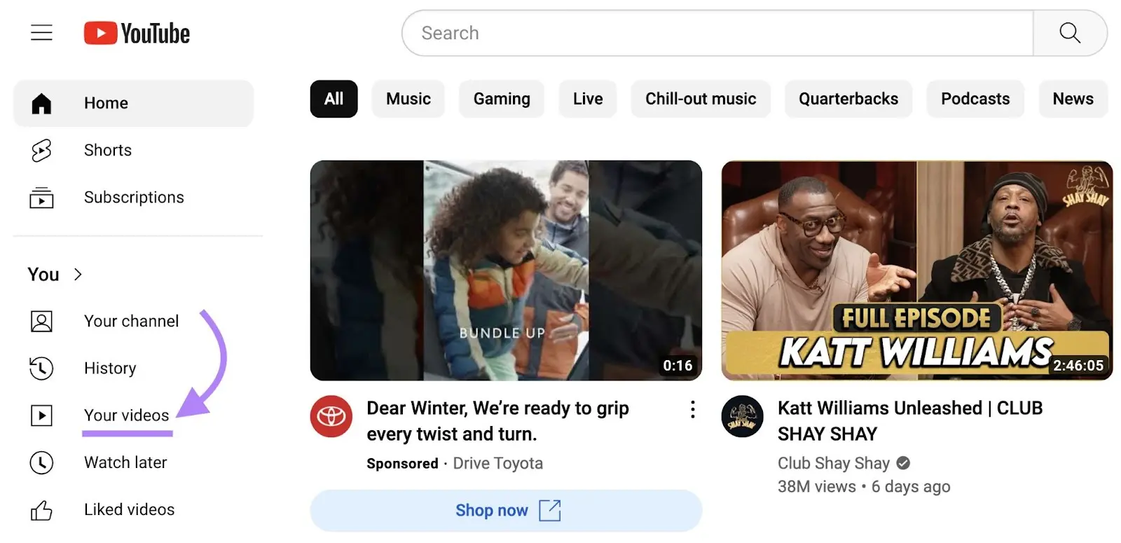 您的视频 menu item highlighted in left-hand navigation in YouTube dashboard