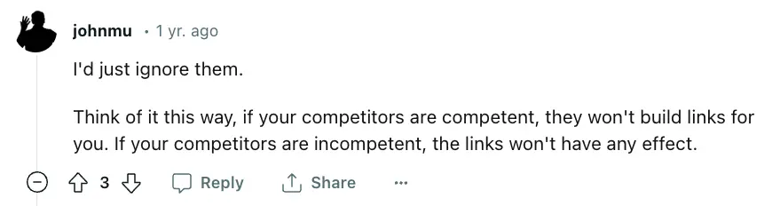 Comment from u/johnmu on Reddit: 