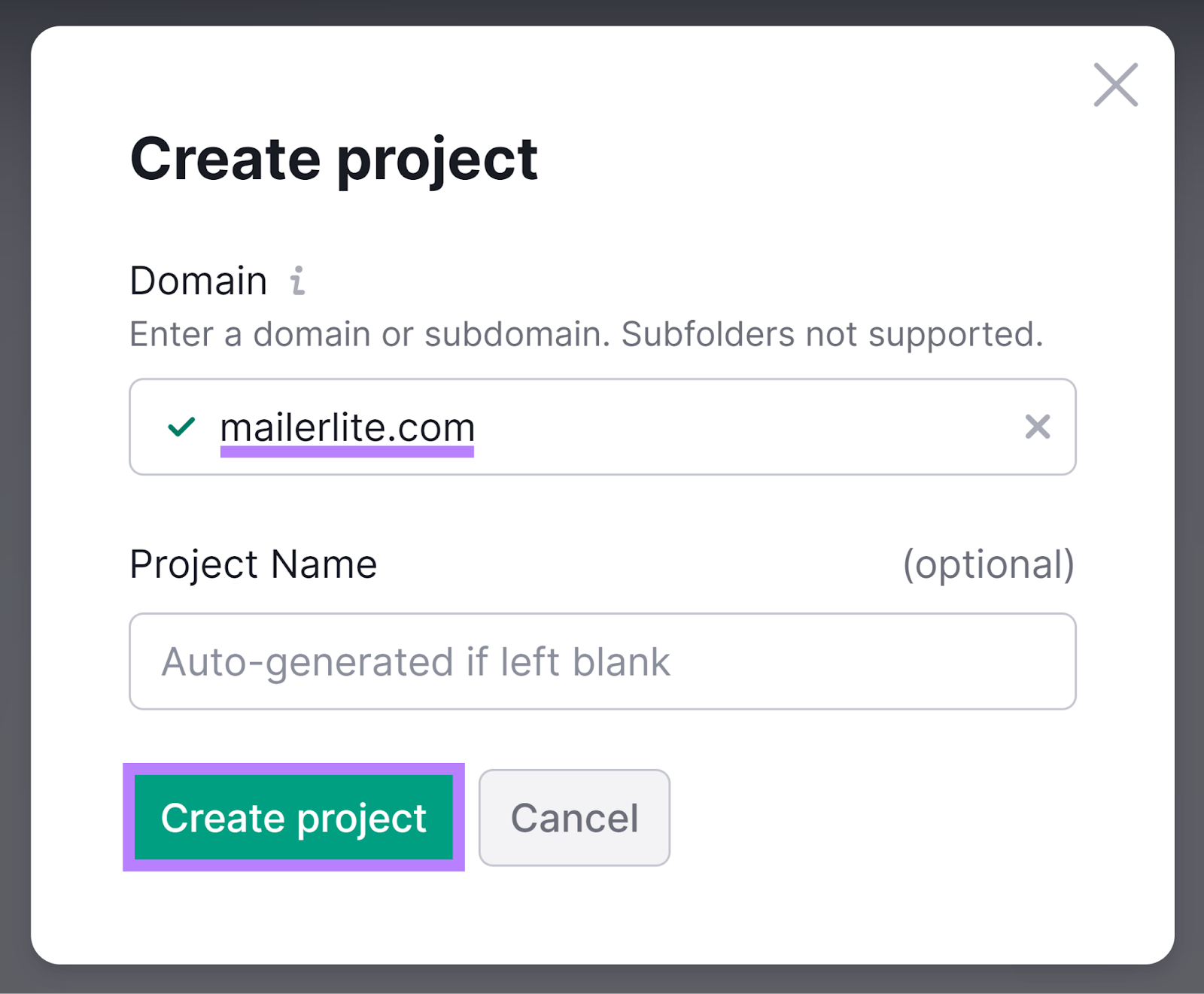 创建项目 popup with domain entered and 创建项目 button highlighted