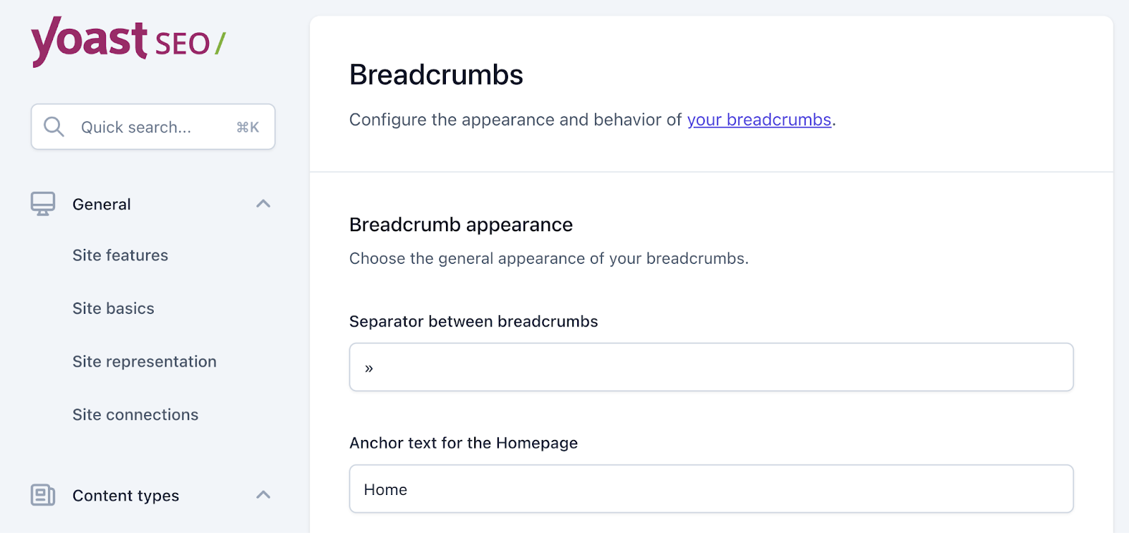 设置 for breadcrumb appearance such as separator between [医]面包屑, anchor text for homepage, and more