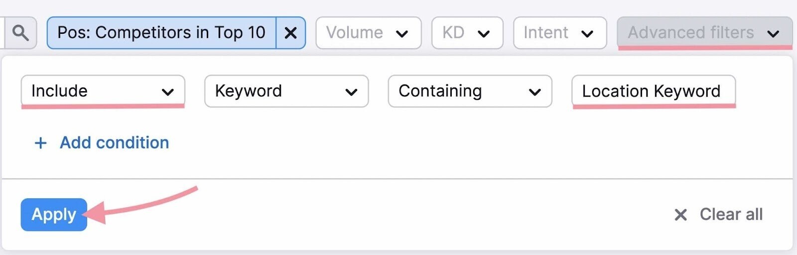 包括 keyword containing location filter
