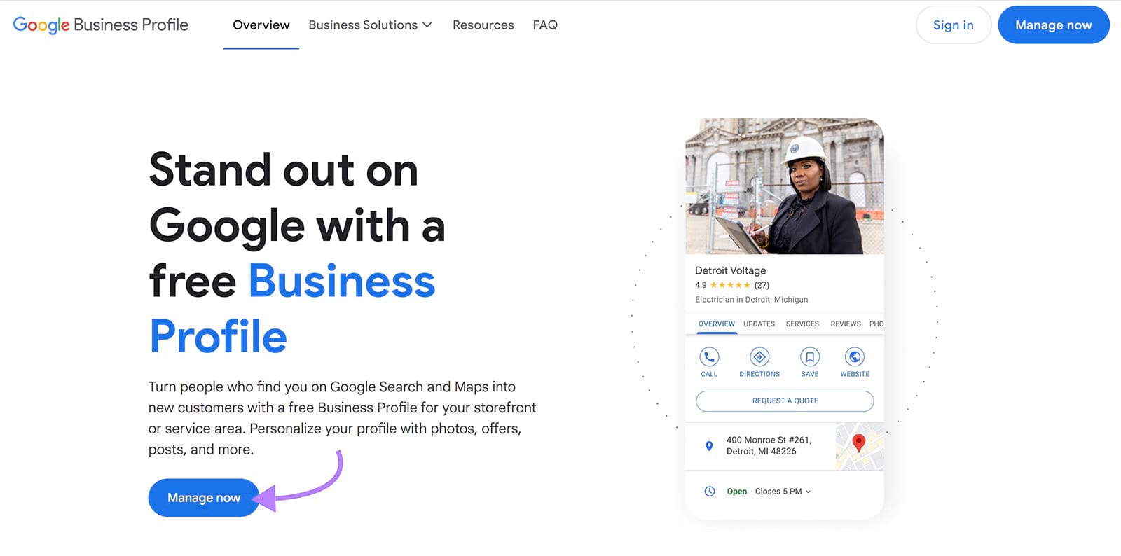 谷歌业务简介 landing page with arrow pointing to 现在管理 button.