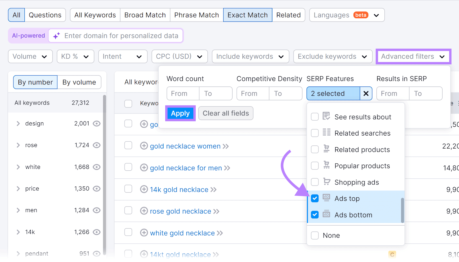 Semrush Keyword Magic tool advanced filters opened, 广告顶和广告底部 SERP Features selected,和Apply button highlighted