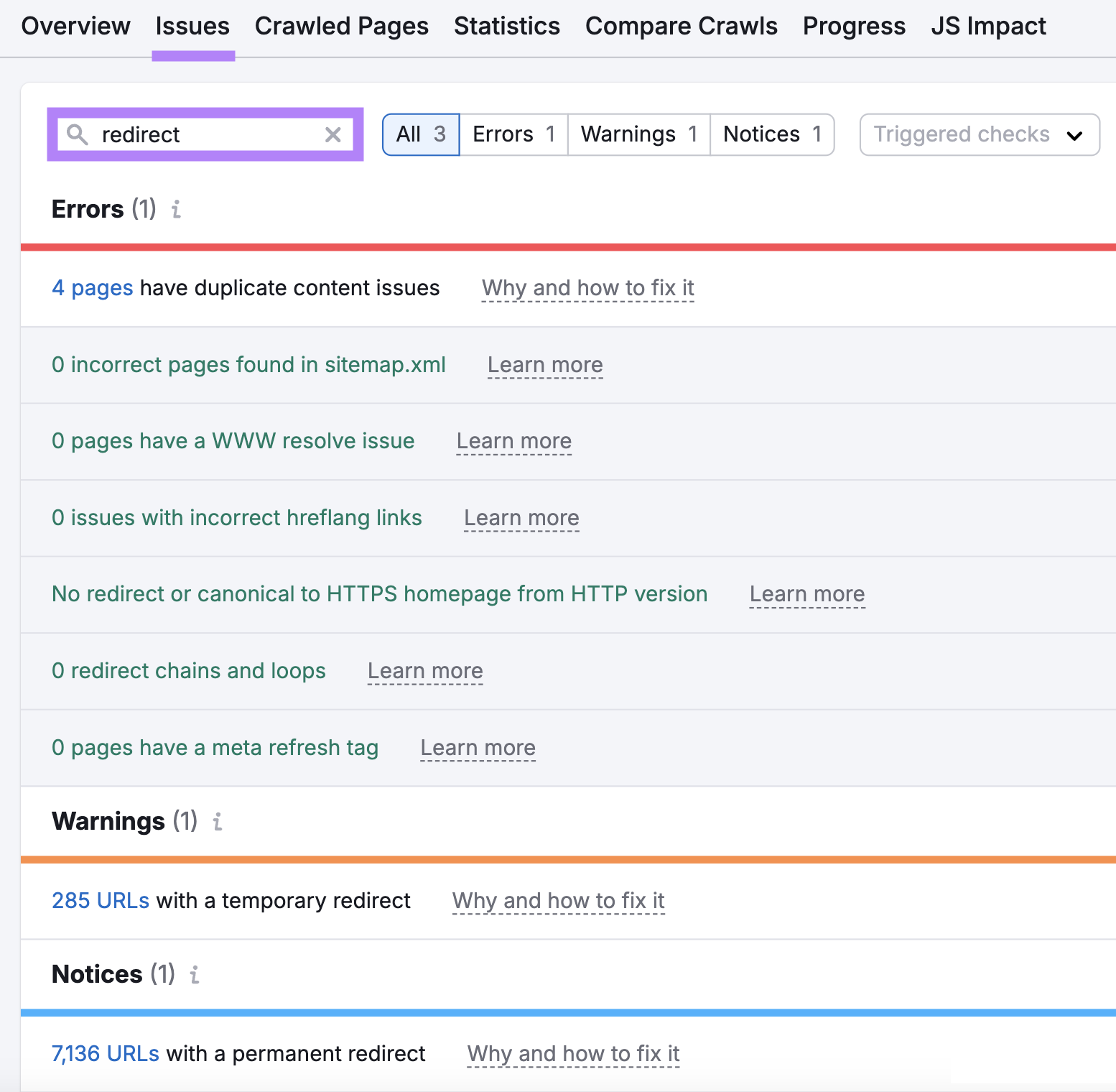 site audit issues with search for 