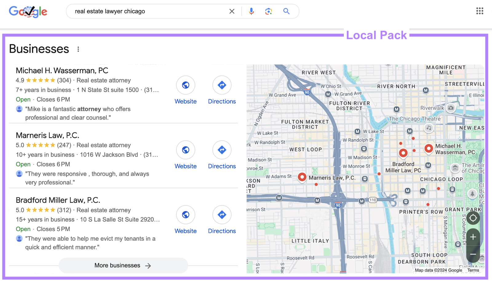 本地包装 serp feature shows local businesses, their google business profile, and google maps