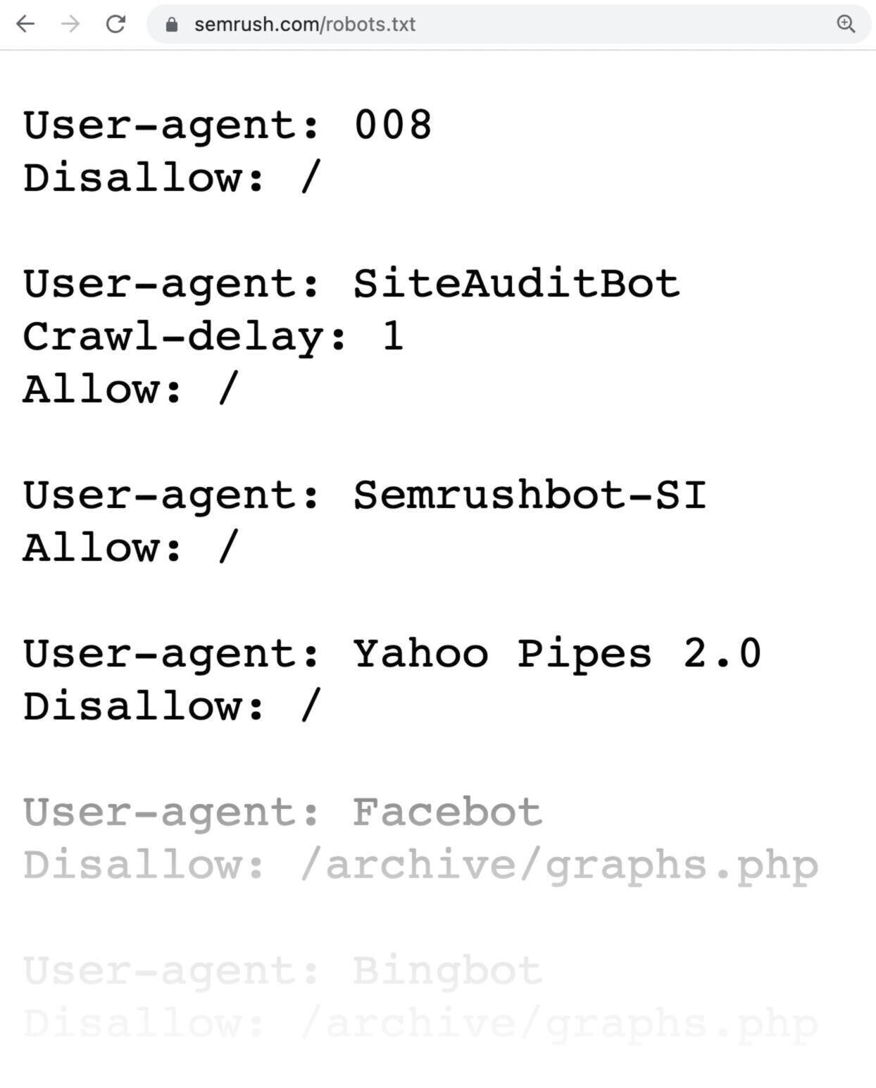 User-agents, or bots, are listed with their allow versus disallow status 和 crawl delay settings.