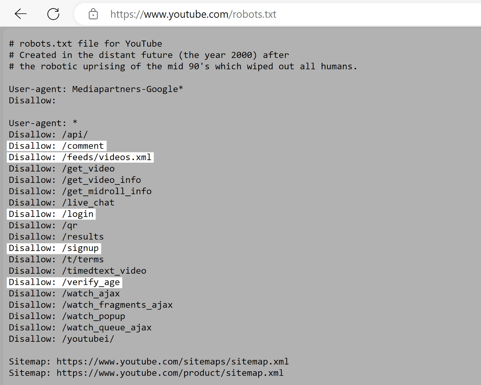 YouTube的 robots.txt file with highlights showing disallowed URL paths