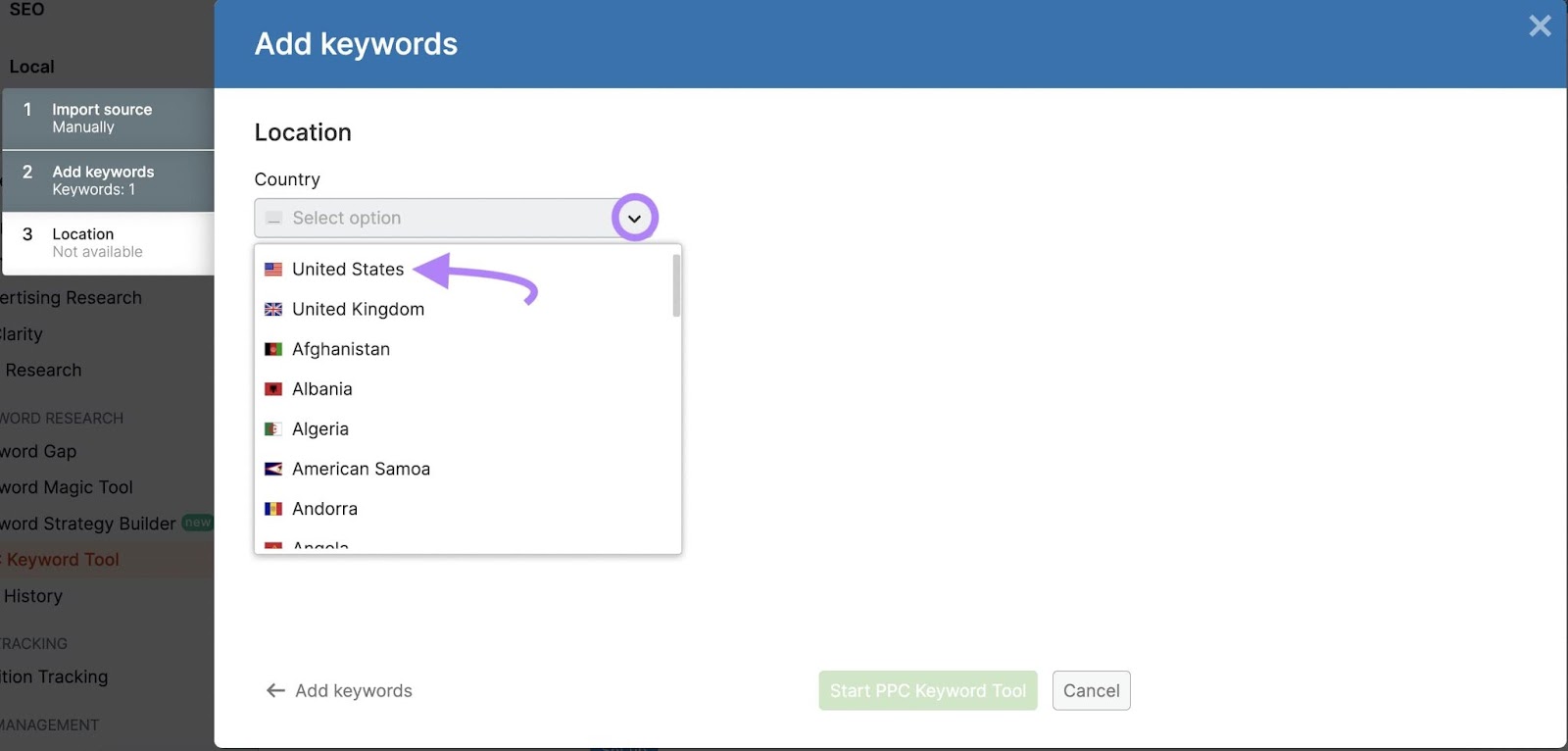 '国家' drop-down with US option highlighted for location settings in Semrush PPC的关键字工具