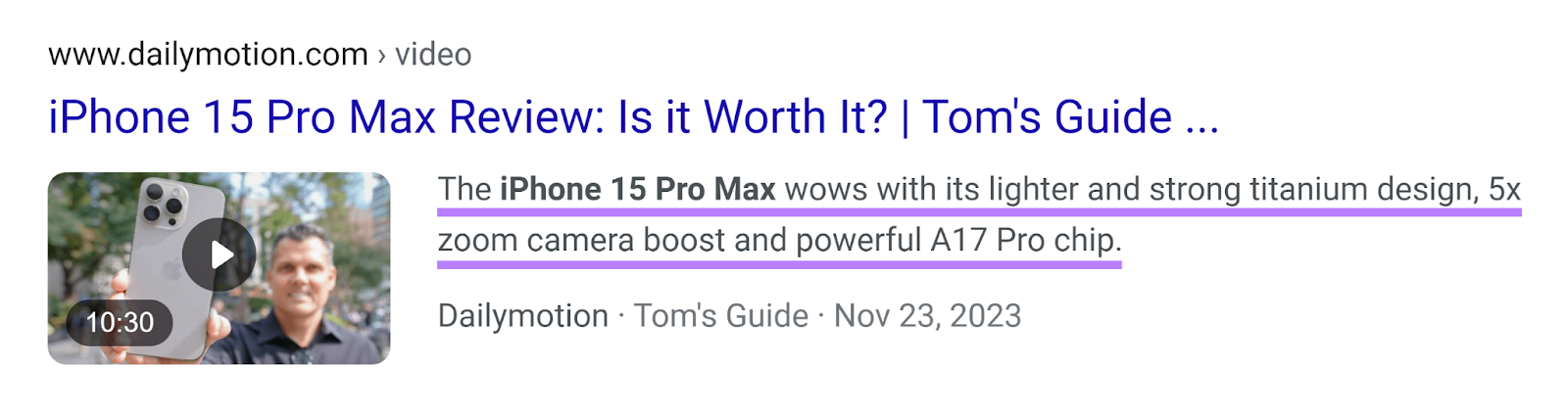 Google 搜索 result for iPhone 15 Pro Max Review showing optimized description.