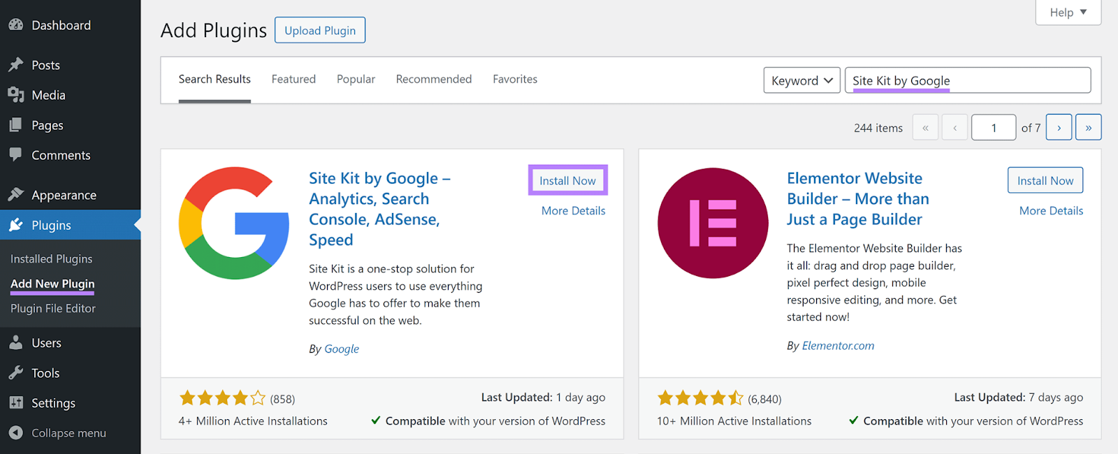 Add 插件 page in WordPress的 admin with 'Site Kit by Google' in search field and 'Install Now' button highlighted