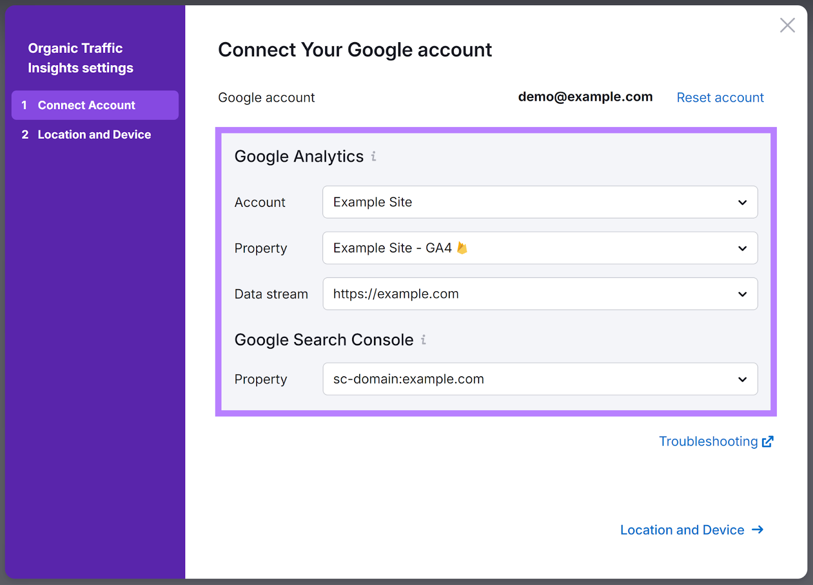 有机交通洞见 settings popup with Google account connected