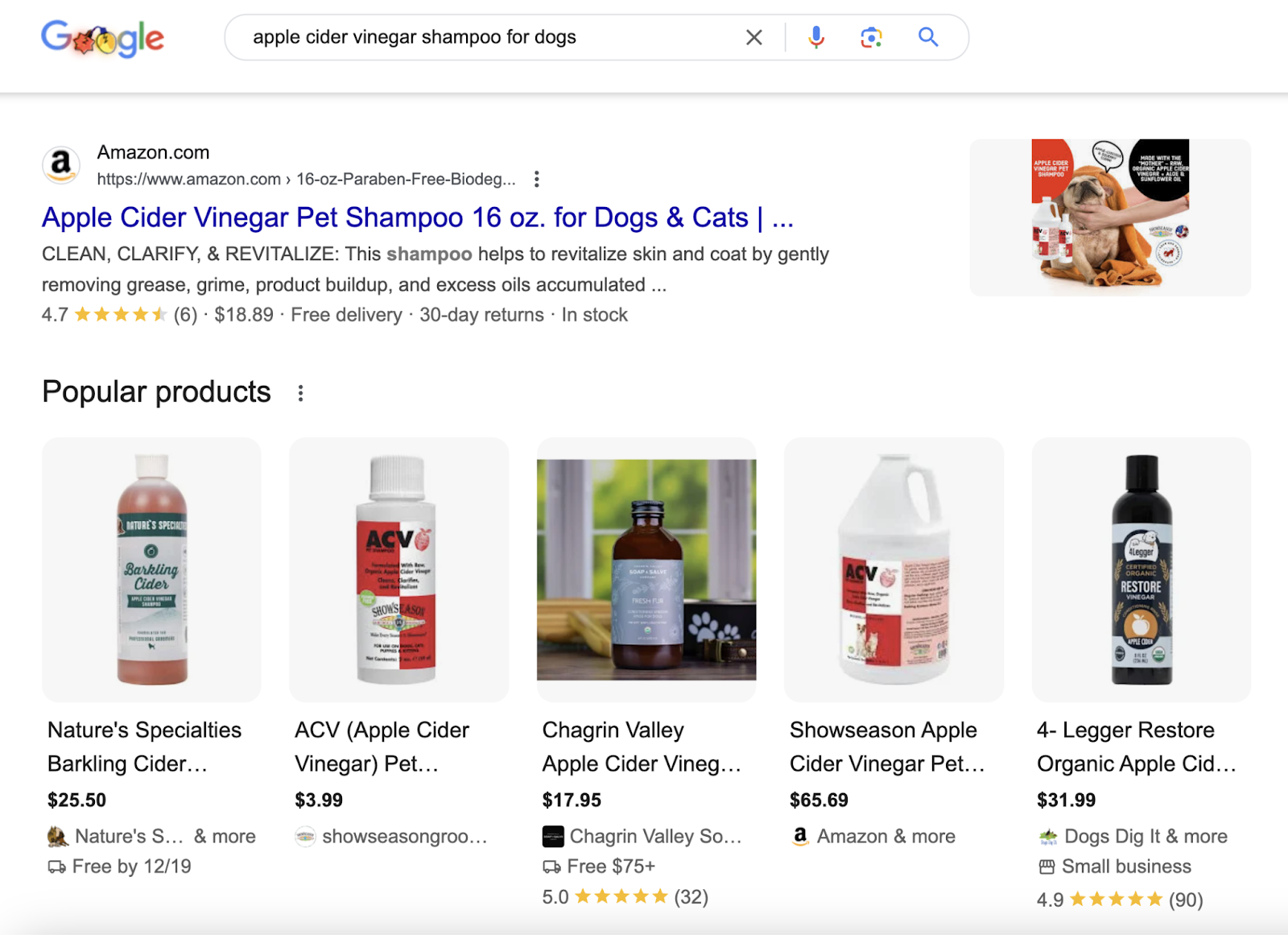 This SERP has organic listings for products和a popular products SERP feature.