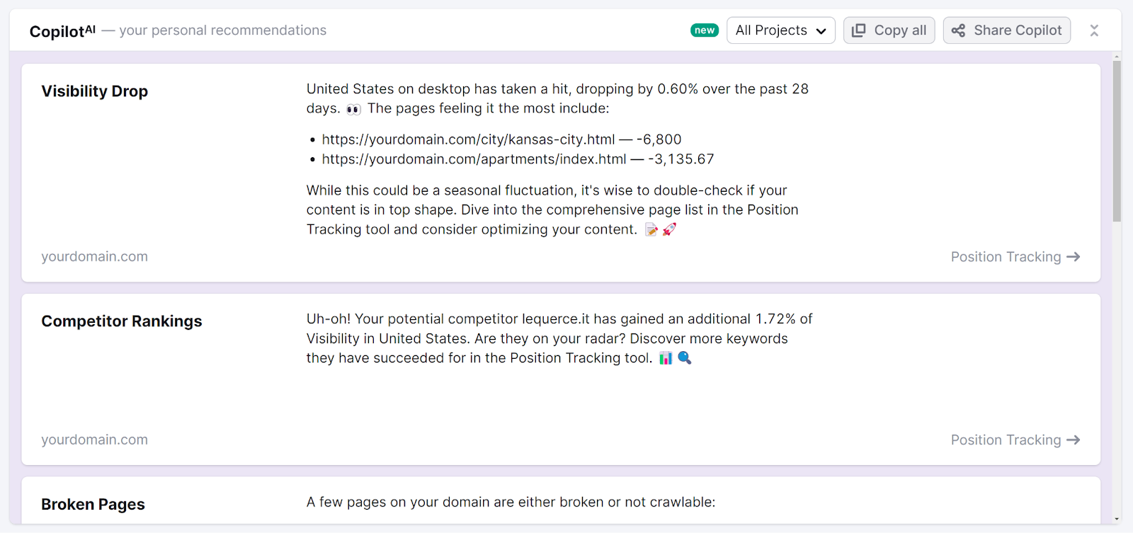 Semrush副驾驶 suggestions showing Visibility drop, competitor rankings, and Broken pages