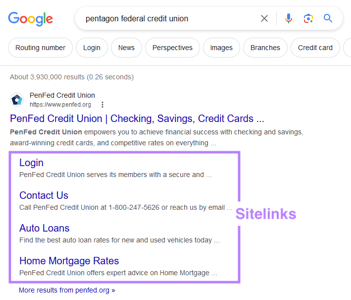 搜索 results for “pentagon federal credit union” showing sitelinks under the top result