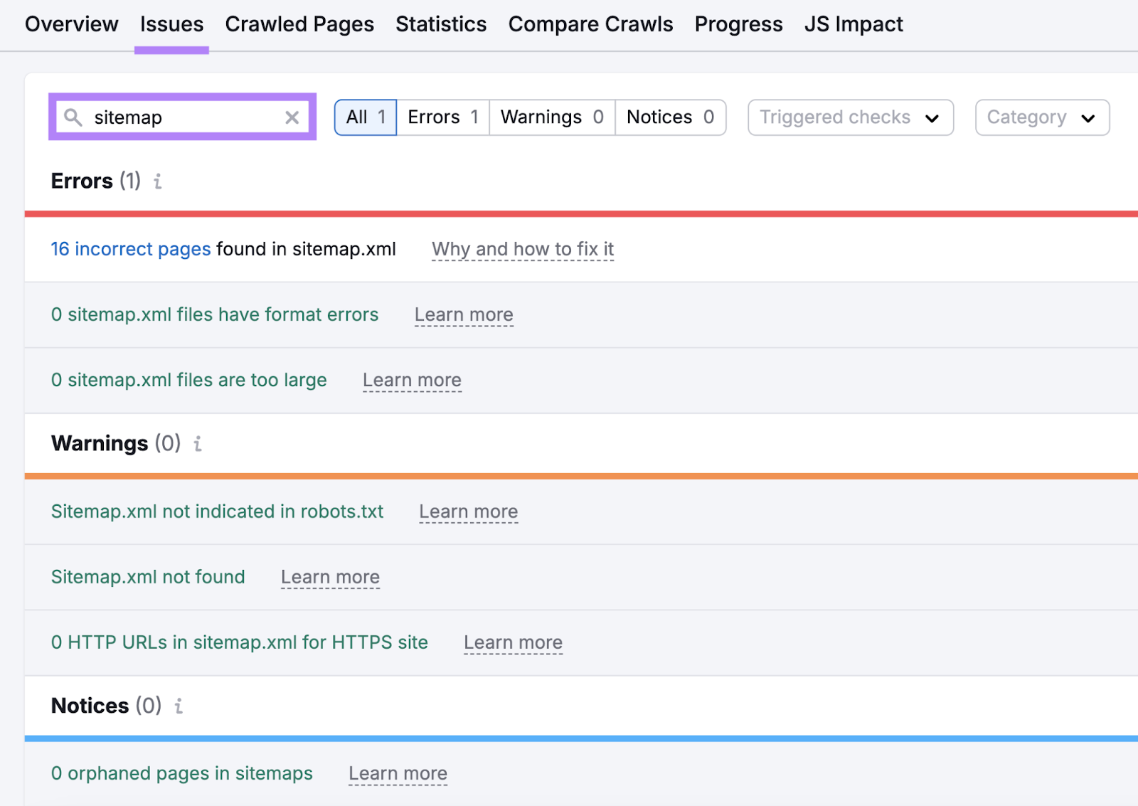 search for sitemap in 现场审核 lists issues like incorrect pages, format errors, not found, or orphaned pages